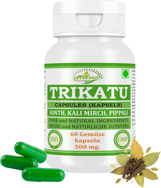 Morsan Nutraveda Trikatu (Extrakt aus Pippali (Piper Longum), Kali Mirch (Piper Nigrum), Sonth (Zingiber Officinale)) Kapseln | 10:1 hochkonzentrierter Extrakt | Packung mit 60 x 500 mg vegetarischen Kapseln