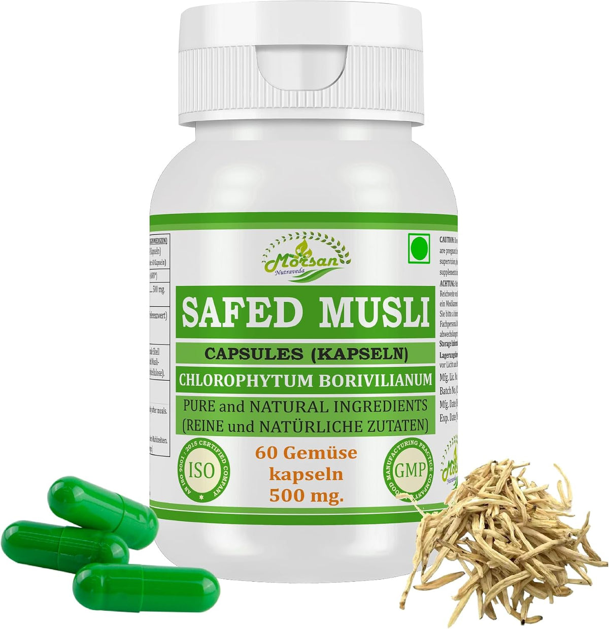Morsan Nutraveda Safed Musli (Chlorophytum Arundinaceum) Kapseln | 10:1 Extrakt mit höchster Wirksamkeit | 100 % natürliches Produkt | Packung mit 60 x 500 mg Veg. Kapseln