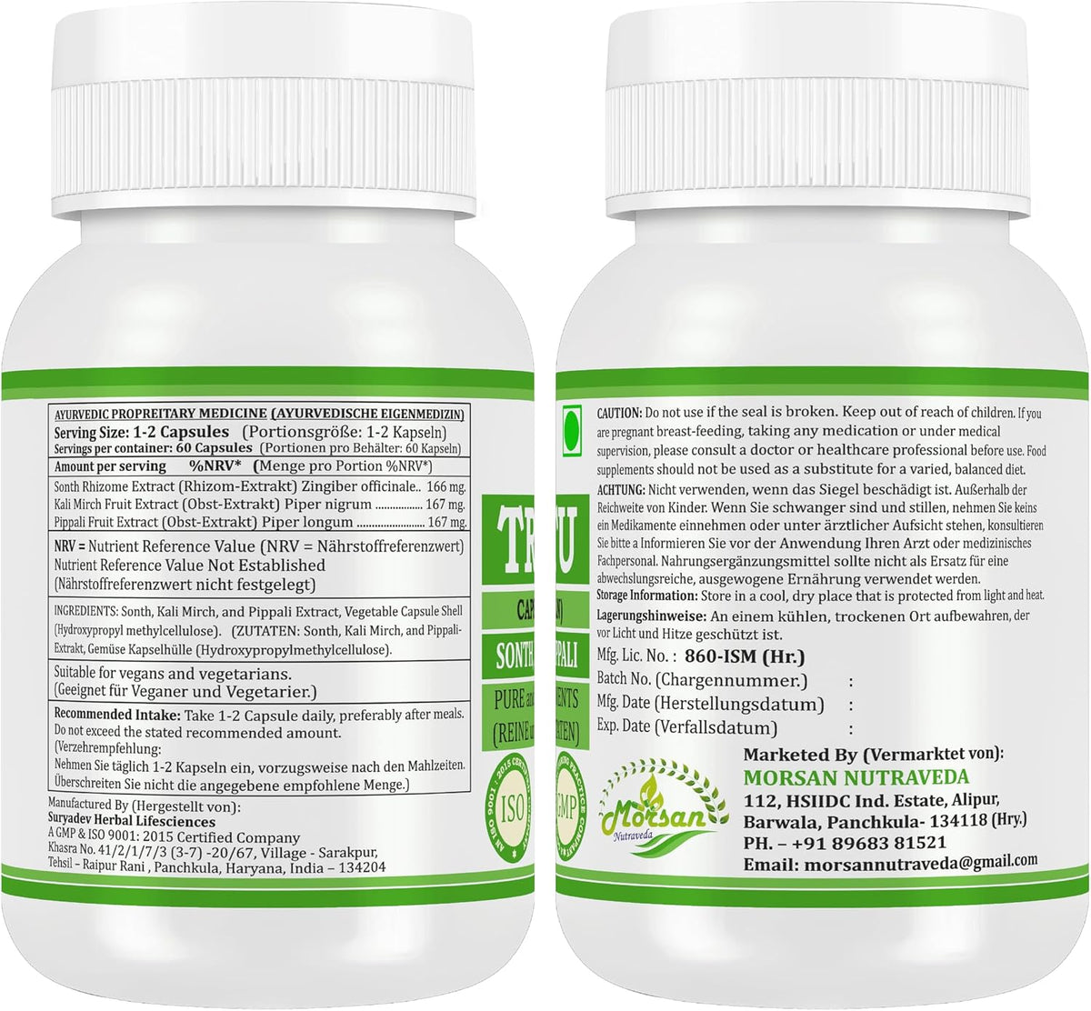 Morsan Nutraveda Trikatu (Extrakt aus Pippali (Piper Longum), Kali Mirch (Piper Nigrum), Sonth (Zingiber Officinale)) Kapseln | 10:1 hochkonzentrierter Extrakt | Packung mit 60 x 500 mg vegetarischen Kapseln