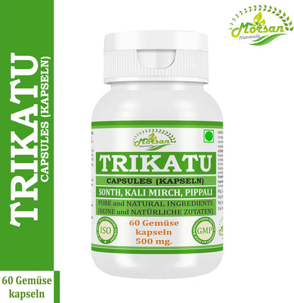 Morsan Nutraveda Trikatu (Extrakt aus Pippali (Piper Longum), Kali Mirch (Piper Nigrum), Sonth (Zingiber Officinale)) Kapseln | 10:1 hochkonzentrierter Extrakt | Packung mit 60 x 500 mg vegetarischen Kapseln