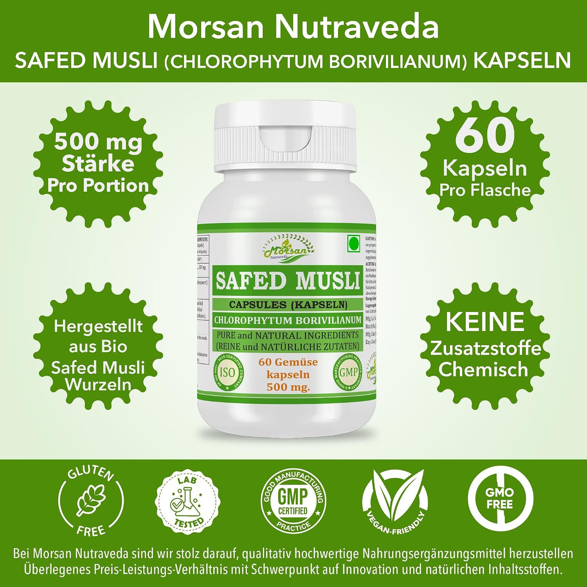 Morsan Nutraveda Safed Musli (Chlorophytum Arundinaceum) Kapseln | 10:1 Extrakt mit höchster Wirksamkeit | 100 % natürliches Produkt | Packung mit 60 x 500 mg Veg. Kapseln