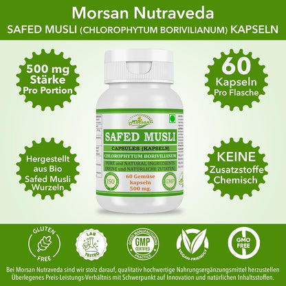Morsan Nutraveda Safed Musli (Chlorophytum Arundinaceum) Kapseln | 10:1 Extrakt mit höchster Wirksamkeit | 100 % natürliches Produkt | Packung mit 60 x 500 mg Veg. Kapseln