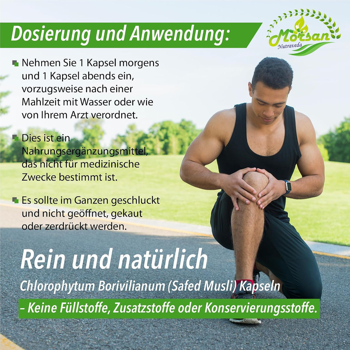 Morsan Nutraveda Safed Musli (Chlorophytum Arundinaceum) Kapseln | 10:1 Extrakt mit höchster Wirksamkeit | 100 % natürliches Produkt | Packung mit 60 x 500 mg Veg. Kapseln