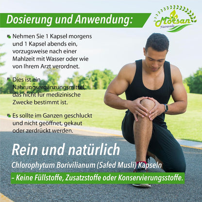 Morsan Nutraveda Safed Musli (Chlorophytum Arundinaceum) Kapseln | 10:1 Extrakt mit höchster Wirksamkeit | 100 % natürliches Produkt | Packung mit 60 x 500 mg Veg. Kapseln