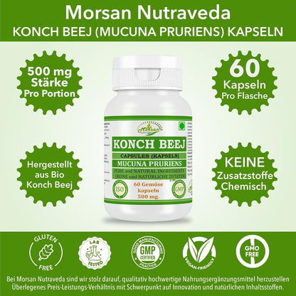 Morsan Nutraveda Konch Beej Capsules 500 mg, Mucuna Pruriens Herbal Supplement, 60 Capsules, Pure and Natural Ingredients