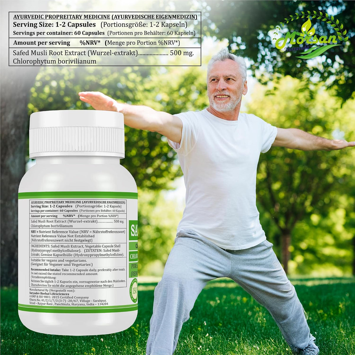 Morsan Nutraveda Safed Musli (Chlorophytum Arundinaceum) Kapseln | 10:1 Extrakt mit höchster Wirksamkeit | 100 % natürliches Produkt | Packung mit 60 x 500 mg Veg. Kapseln