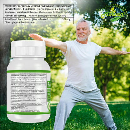 Morsan Nutraveda Safed Musli (Chlorophytum Arundinaceum) Kapseln | 10:1 Extrakt mit höchster Wirksamkeit | 100 % natürliches Produkt | Packung mit 60 x 500 mg Veg. Kapseln