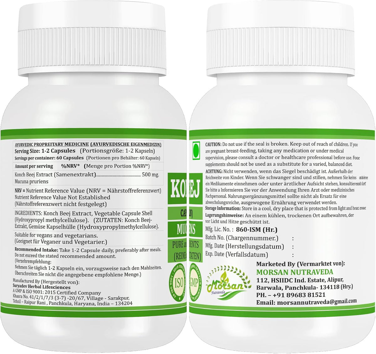 Morsan Nutraveda Konch Beej Capsules 500 mg, Mucuna Pruriens Herbal Supplement, 60 Capsules, Pure and Natural Ingredients
