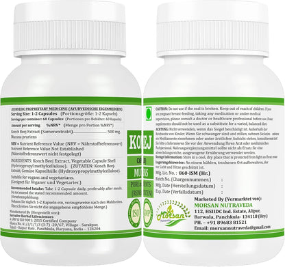 Morsan Nutraveda Konch Beej Capsules 500 mg, Mucuna Pruriens Herbal Supplement, 60 Capsules, Pure and Natural Ingredients