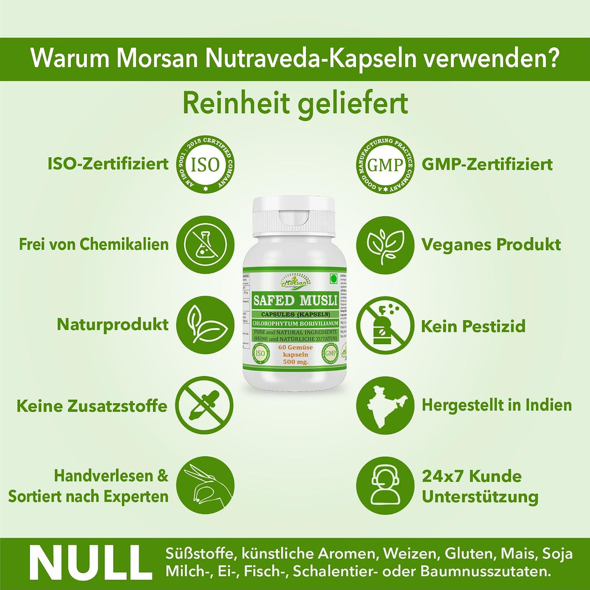 Morsan Nutraveda Safed Musli (Chlorophytum Arundinaceum) Kapseln | 10:1 Extrakt mit höchster Wirksamkeit | 100 % natürliches Produkt | Packung mit 60 x 500 mg Veg. Kapseln