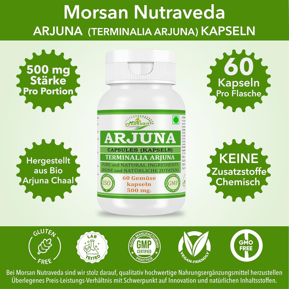 Morsan Nutraveda Arjuna (Terminalia Arjuna) Kapseln | 10:1 hochkonzentrierter Extrakt | 100 % Naturprodukt | Packung mit 60 x 500 mg Veg. Kapseln