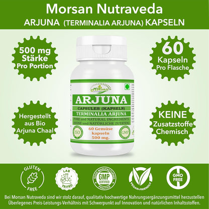 Morsan Nutraveda Arjuna (Terminalia Arjuna) Kapseln | 10:1 hochkonzentrierter Extrakt | 100 % Naturprodukt | Packung mit 60 x 500 mg Veg. Kapseln