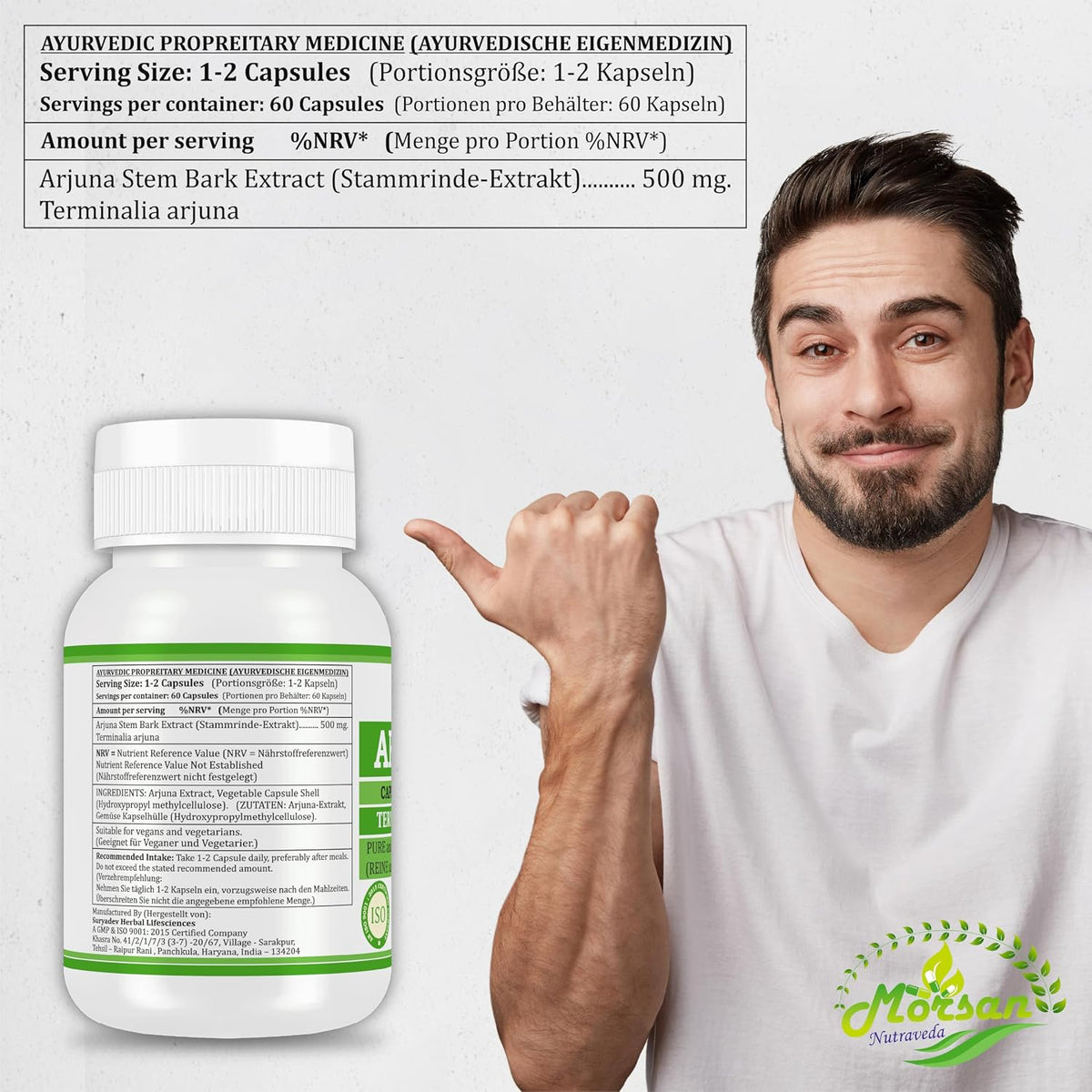 Morsan Nutraveda Arjuna (Terminalia Arjuna) Kapseln | 10:1 hochkonzentrierter Extrakt | 100 % Naturprodukt | Packung mit 60 x 500 mg Veg. Kapseln