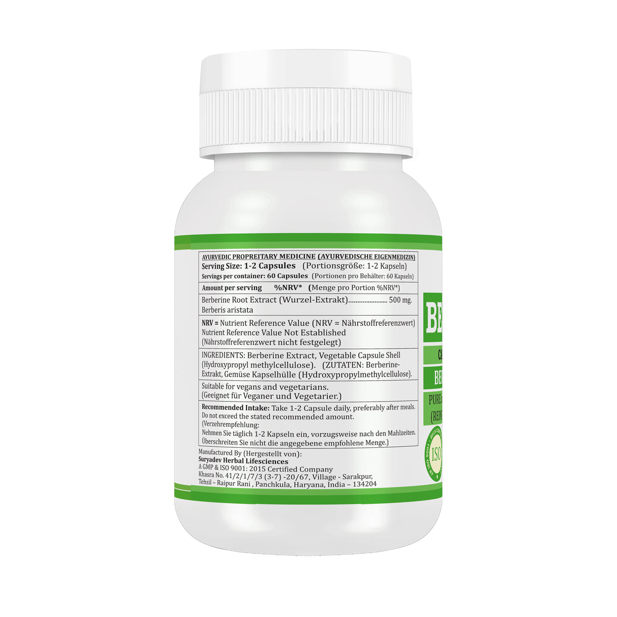 Morsan Nutraveda Berberin Kapseln 500 mg | 60 Vegane Kapseln | Pflanzliches Nahrungsergänzungsmittel | Premium-Qualitätsformel