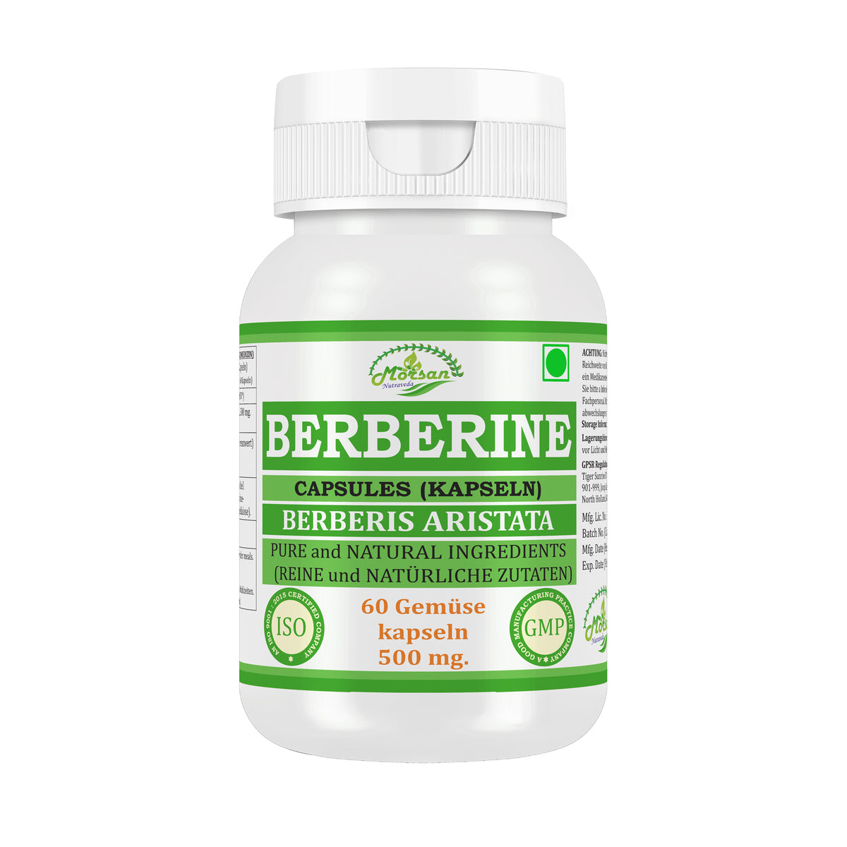 Morsan Nutraveda Berberin Kapseln 500 mg | 60 Vegane Kapseln | Pflanzliches Nahrungsergänzungsmittel | Premium-Qualitätsformel