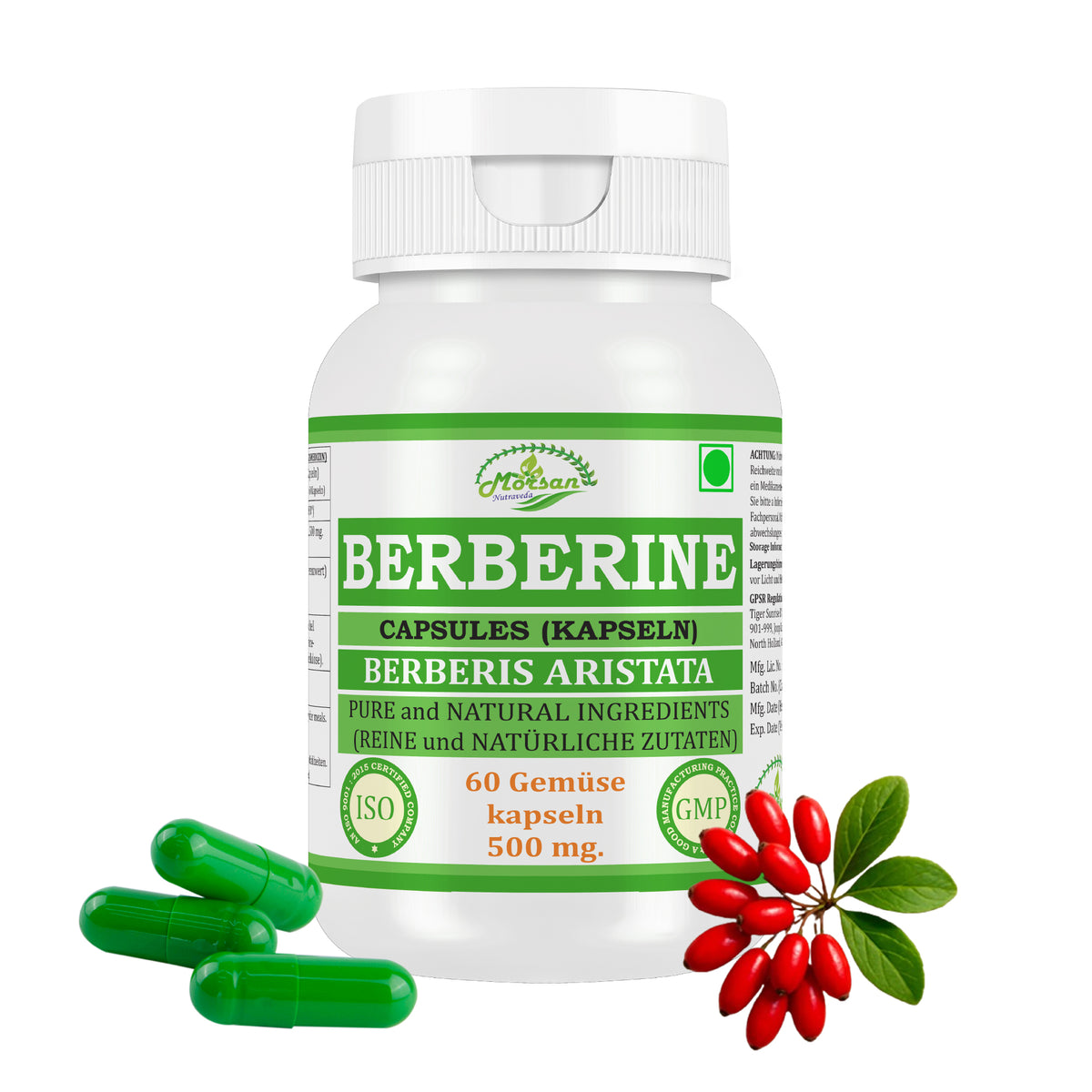 Morsan Nutraveda Berberin Kapseln 500 mg | 60 Vegane Kapseln | Pflanzliches Nahrungsergänzungsmittel | Premium-Qualitätsformel