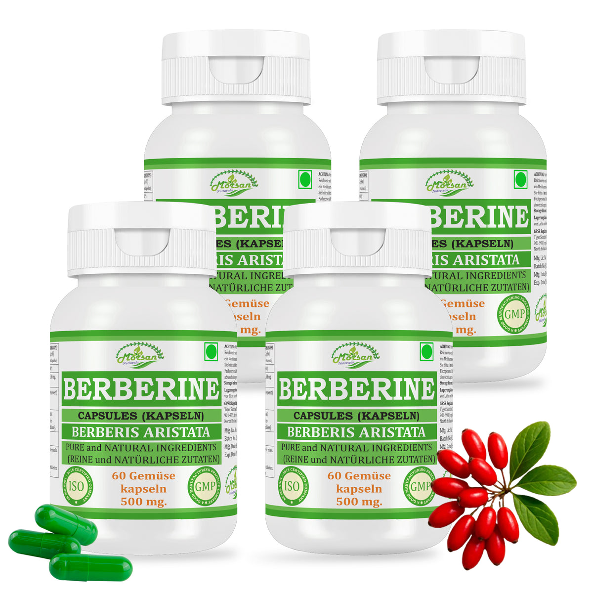 Morsan Nutraveda Berberin Kapseln 500 mg | 60 Vegane Kapseln | Pflanzliches Nahrungsergänzungsmittel | Premium-Qualitätsformel
