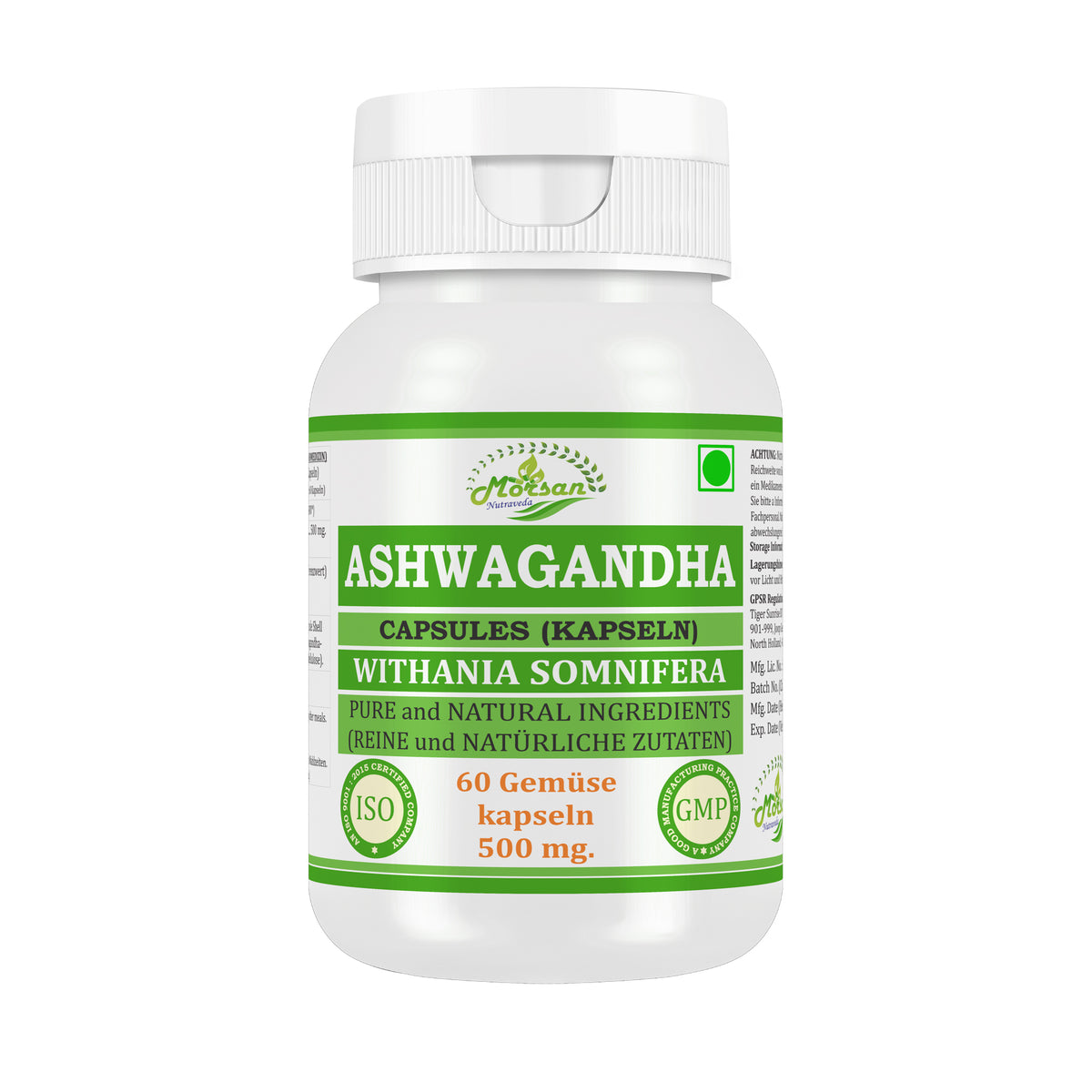 Morsan Nutraveda Ashwagandha-Kapseln – 500 mg 10:1-Extrakt | 60 vegane Kapseln | Nahrungsergänzungsmittel