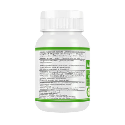 ASHWAGANDHA-KAPSELN - WITHANIA SOMNIFERA - 60 Gemüsekapseln 500 mg - REIN und NATÜRLICH