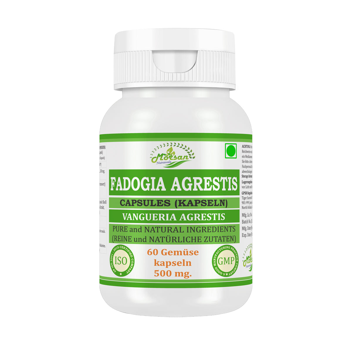 Morsan Nutraveda’s Fadogia Agrestis (Vangueria Agrestis) Capsule | 10:1 Highest Potency Extract | 100 % Natural Product | Pack of 60 x 500 mg. Veg. Capsules