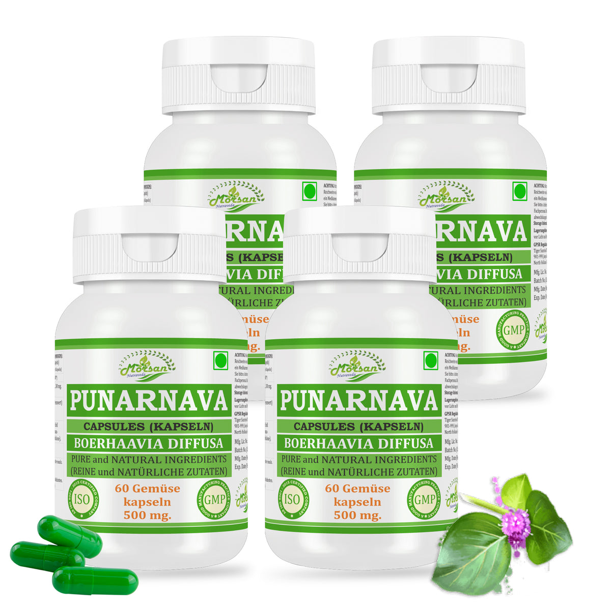 Morsan Nutraveda Punarnava (Boerhaavia Diffusa, Punernava) Kapseln | 10:1 hochkonzentrierter Extrakt | 100 % Naturprodukt | Packung mit 60 x 500 mg Veg.-Kapseln