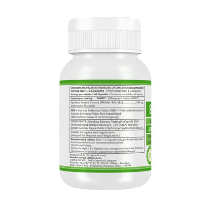 SPIRULINA-KAPSELN - ARTHROSPIRA PLATENSIS - 60 Gemüsekapseln 500 mg.