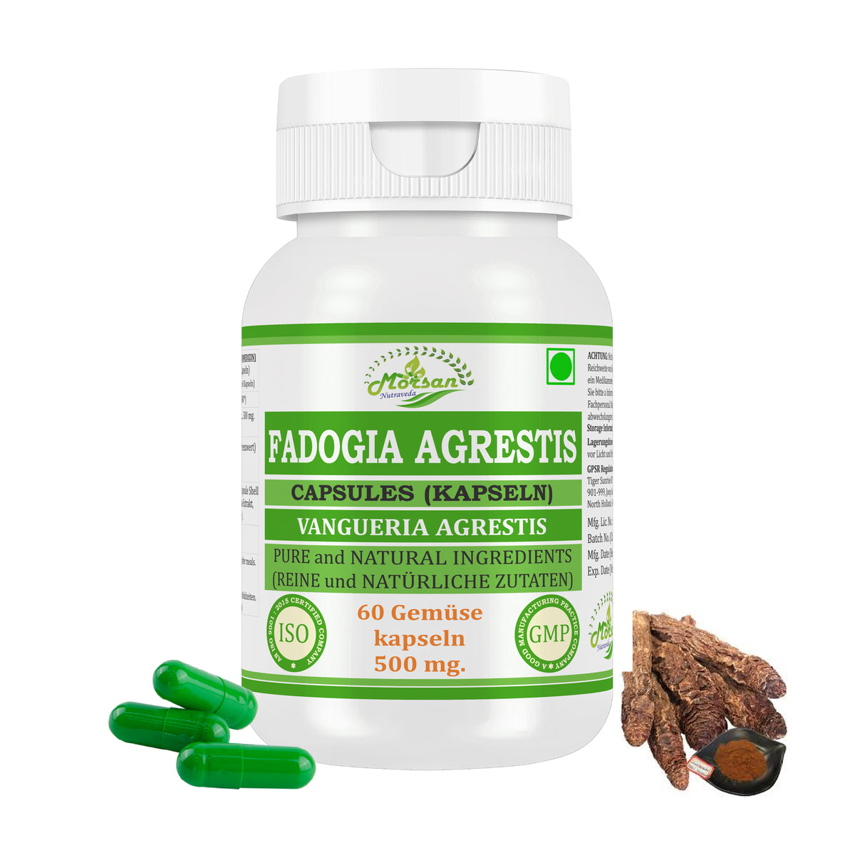 Morsan Nutraveda’s Fadogia Agrestis (Vangueria Agrestis) Capsule | 10:1 Highest Potency Extract | 100 % Natural Product | Pack of 60 x 500 mg. Veg. Capsules
