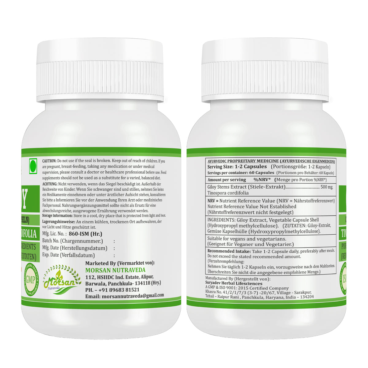 Morsan Nutraveda Giloy (Tinospora Cordifolia, Guduchi) Kapseln | 10:1 hochkonzentrierter Extrakt | 100 % Naturprodukt | Packung mit 60 x 500 mg Vegi-Kapseln
