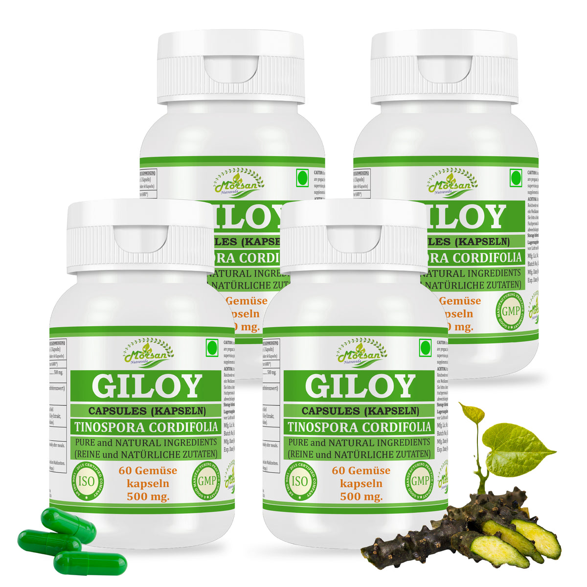 Morsan Nutraveda Giloy (Tinospora Cordifolia, Guduchi) Kapseln | 10:1 hochkonzentrierter Extrakt | 100 % Naturprodukt | Packung mit 60 x 500 mg Vegi-Kapseln