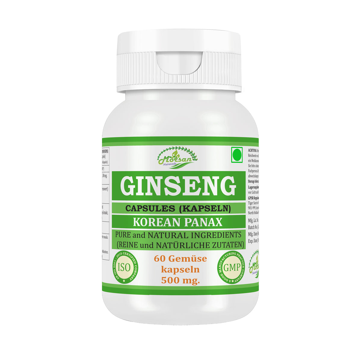 GINSENG-KAPSELN - KOREANISCHER PANAX - 60 pflanzliche Kapseln 500 mg - REIN und NATÜRLICH