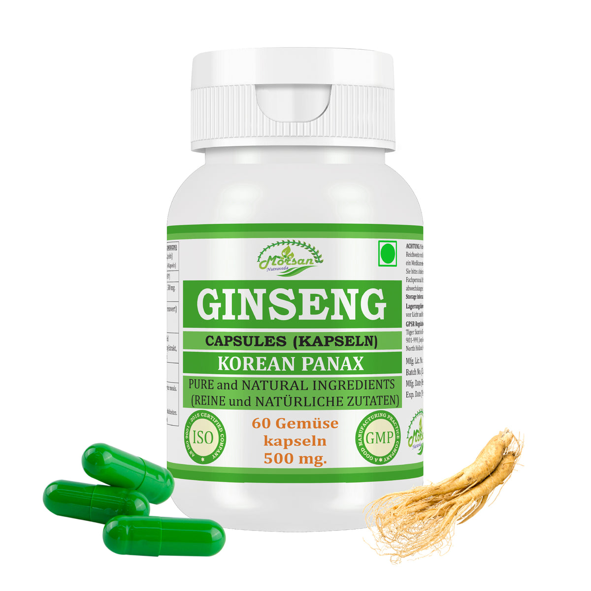 GINSENG-KAPSELN - KOREANISCHER PANAX - 60 pflanzliche Kapseln 500 mg - REIN und NATÜRLICH