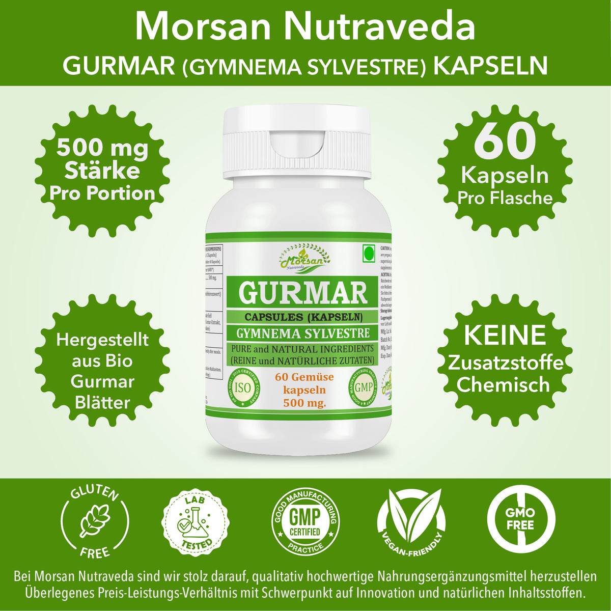 GURMAR-KAPSELN - GYMNEMA SYLVESTRE - 60 pflanzliche Kapseln à 500 mg - REIN und NATÜRLICH