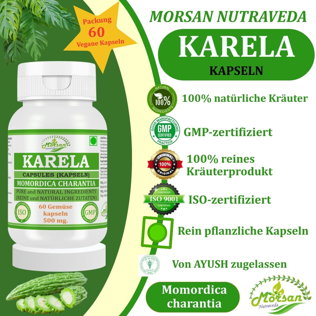 Morsan Nutraveda’s Karela (Momordica Charantia, Bitter Melon) Capsule | 10:1 Highest Potency Extract | 100 % Natural Product | Pack of 60 x 500 mg. Veg. Capsules