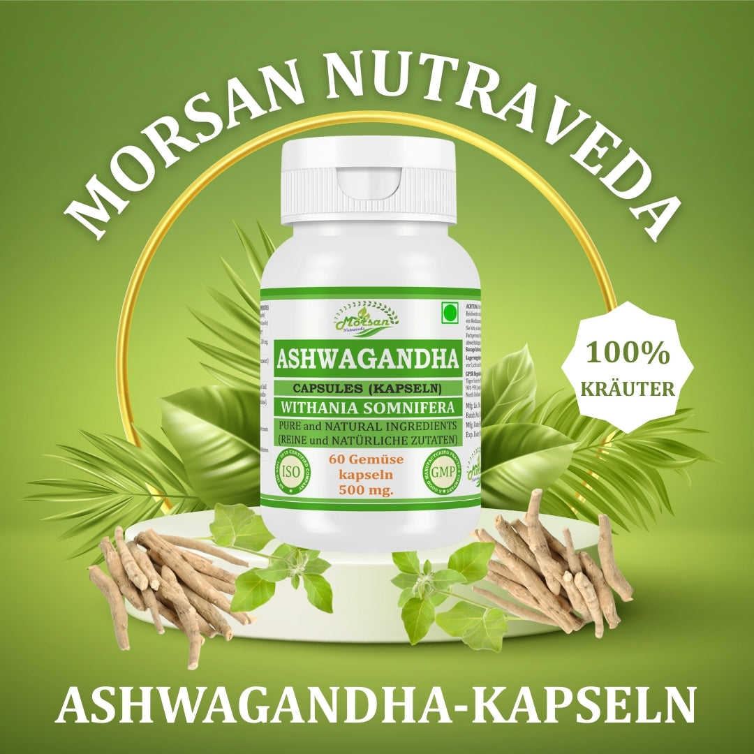 Morsan Nutraveda Ashwagandha-Kapseln – 500 mg 10:1-Extrakt | 60 vegane Kapseln | Nahrungsergänzungsmittel