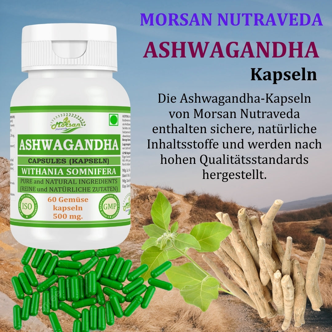 Morsan Nutraveda Ashwagandha-Kapseln – 500 mg 10:1-Extrakt | 60 vegane Kapseln | Nahrungsergänzungsmittel