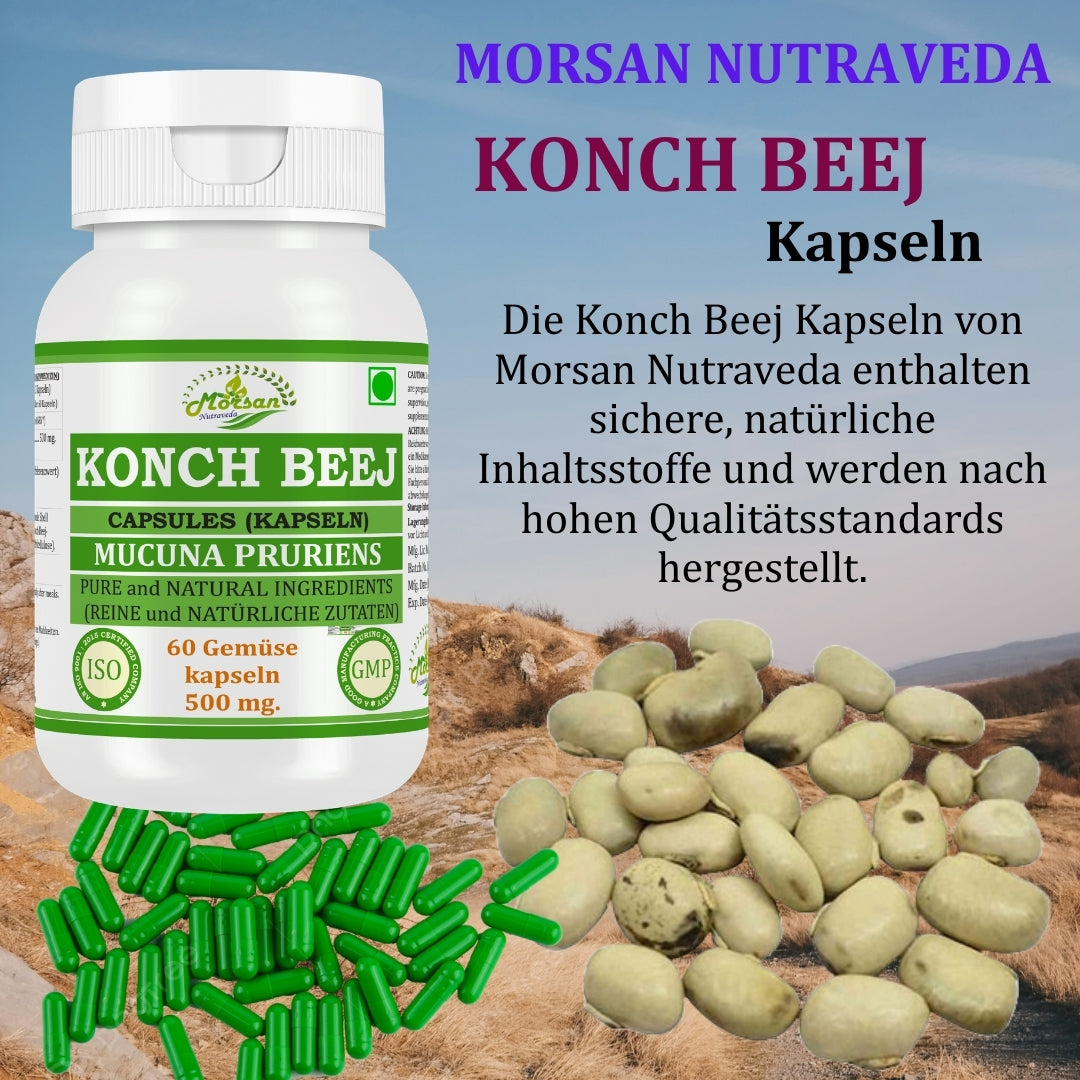 Morsan Nutraveda Konch Beej Capsules 500 mg, Mucuna Pruriens Herbal Supplement, 60 Capsules, Pure and Natural Ingredients