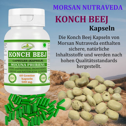 Morsan Nutraveda Konch Beej Capsules 500 mg, Mucuna Pruriens Herbal Supplement, 60 Capsules, Pure and Natural Ingredients