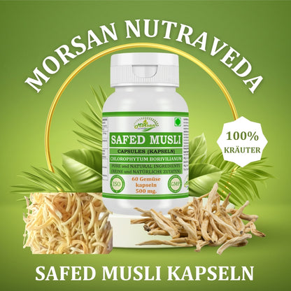 Morsan Nutraveda Safed Musli (Chlorophytum Arundinaceum) Kapseln | 10:1 Extrakt mit höchster Wirksamkeit | 100 % natürliches Produkt | Packung mit 60 x 500 mg Veg. Kapseln