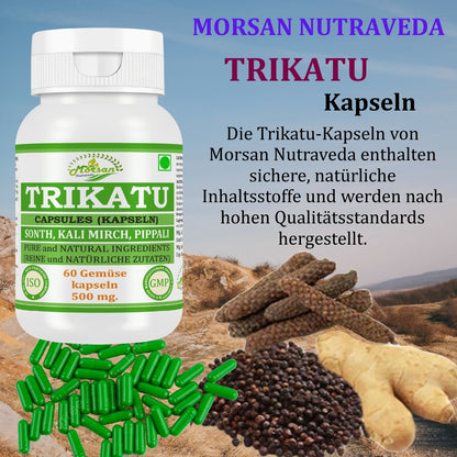 Morsan Nutraveda Trikatu (Extrakt aus Pippali (Piper Longum), Kali Mirch (Piper Nigrum), Sonth (Zingiber Officinale)) Kapseln | 10:1 hochkonzentrierter Extrakt | Packung mit 60 x 500 mg vegetarischen Kapseln