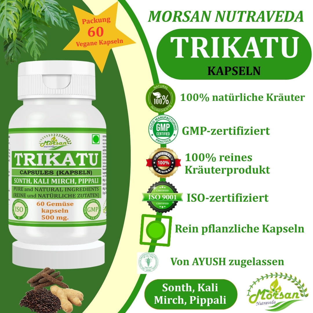 Morsan Nutraveda Trikatu (Extrakt aus Pippali (Piper Longum), Kali Mirch (Piper Nigrum), Sonth (Zingiber Officinale)) Kapseln | 10:1 hochkonzentrierter Extrakt | Packung mit 60 x 500 mg vegetarischen Kapseln