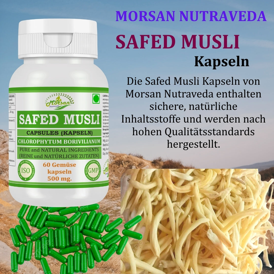 Morsan Nutraveda Safed Musli (Chlorophytum Arundinaceum) Kapseln | 10:1 Extrakt mit höchster Wirksamkeit | 100 % natürliches Produkt | Packung mit 60 x 500 mg Veg. Kapseln