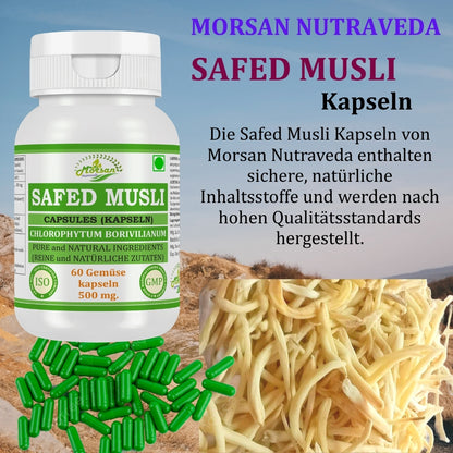 Morsan Nutraveda Safed Musli (Chlorophytum Arundinaceum) Kapseln | 10:1 Extrakt mit höchster Wirksamkeit | 100 % natürliches Produkt | Packung mit 60 x 500 mg Veg. Kapseln