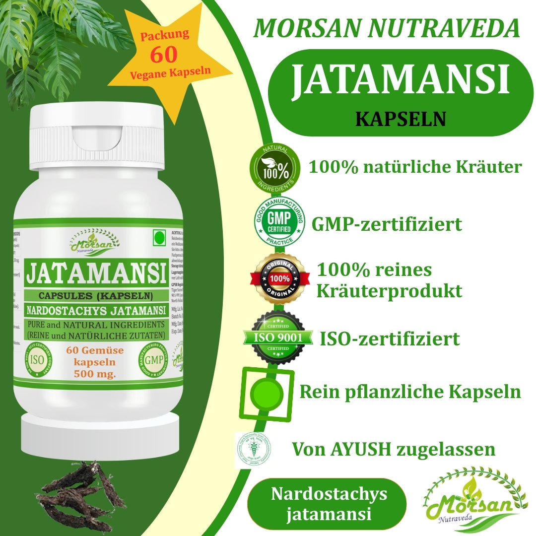 Morsan Nutraveda Jatamansi (Nardostachys Jatamansi) Kapseln | 10:1 hochkonzentrierter Extrakt | 100% natürliches Produkt | Packung mit 60 x 500 mg Vegi-Kapseln