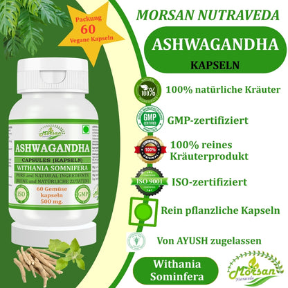 Morsan Nutraveda Ashwagandha-Kapseln – 500 mg 10:1-Extrakt | 60 vegane Kapseln | Nahrungsergänzungsmittel