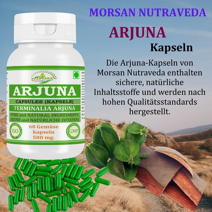 Morsan Nutraveda Arjuna (Terminalia Arjuna) Kapseln | 10:1 hochkonzentrierter Extrakt | 100 % Naturprodukt | Packung mit 60 x 500 mg Veg. Kapseln