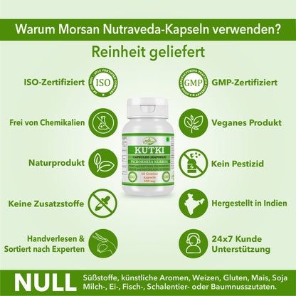 KUTKI-KAPSELN - PICRORHIZA KURROA - 60 pflanzliche Kapseln à 500 mg - REIN und NATÜRLICH