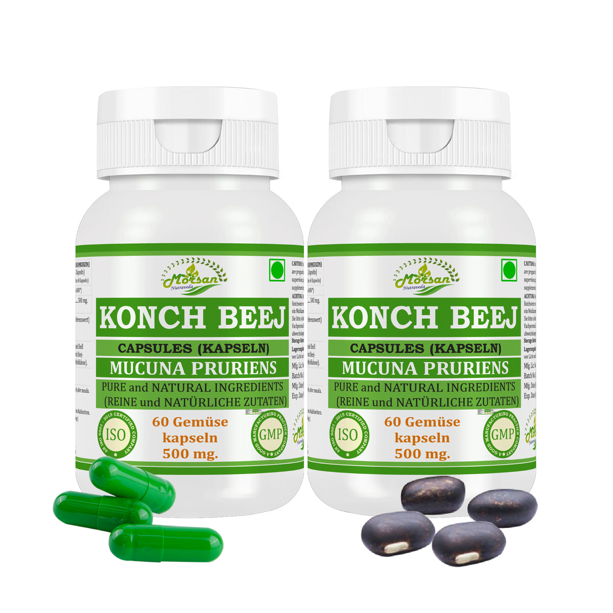 Morsan Nutraveda Konch Beej Capsules 500 mg, Mucuna Pruriens Herbal Supplement, 60 Capsules, Pure and Natural Ingredients