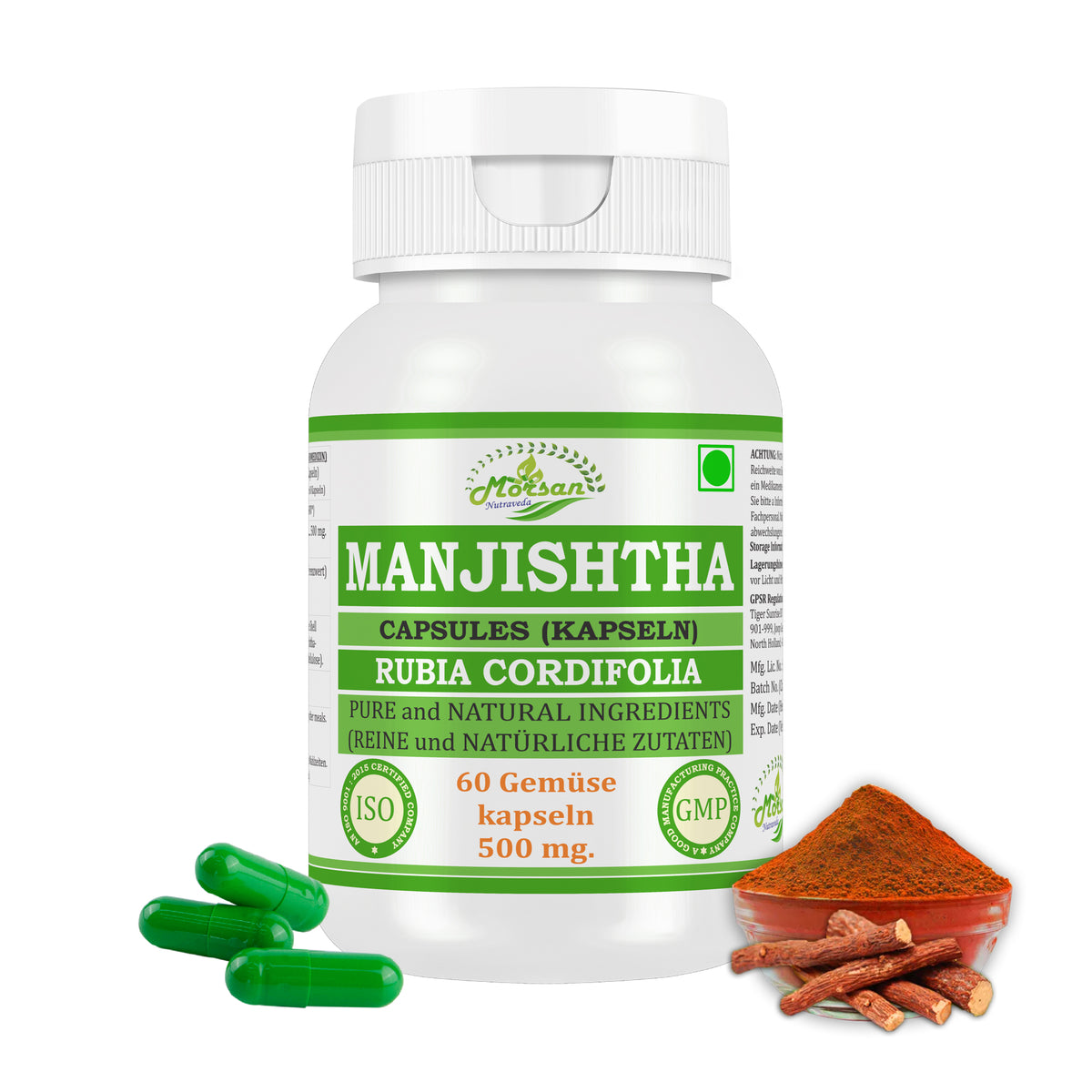 MANJISHTHA CAPSULES (KAPSELN) - RUBIA CORDIFOLIA - 60 Gemüse Kapseln 500 mg. - PURE and NATURAL