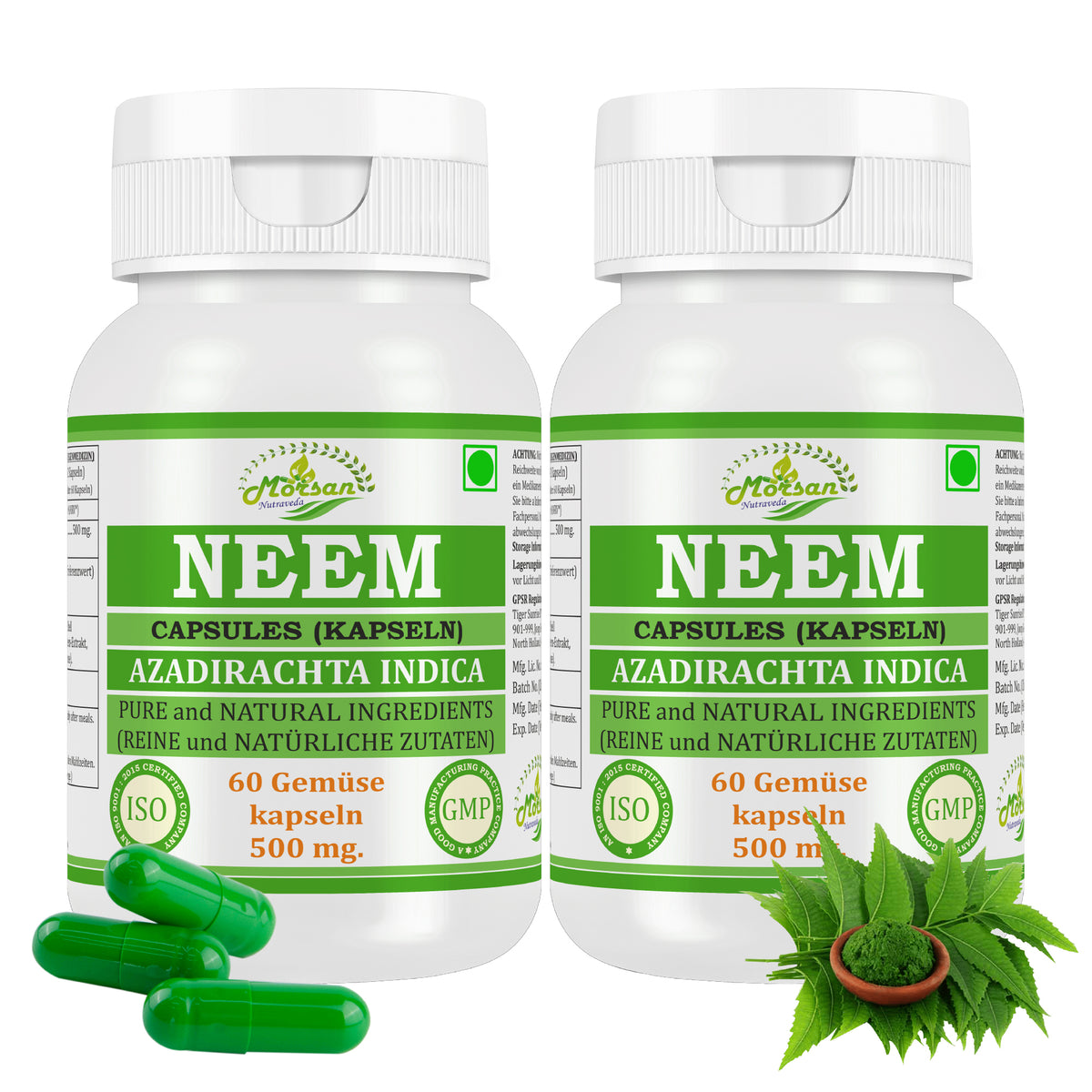 NEEM-KAPSELN - AZADIRACHTA INDICA - 60 pflanzliche Kapseln 500 mg. - REIN und NATÜRLICH