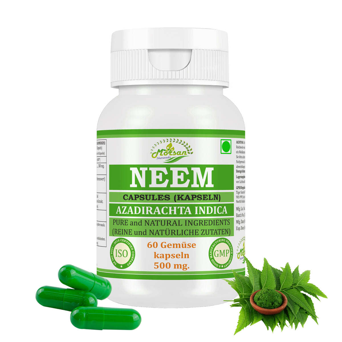 NEEM-KAPSELN - AZADIRACHTA INDICA - 60 pflanzliche Kapseln 500 mg. - REIN und NATÜRLICH
